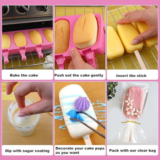 Juome Cake Pop Mold Kit, 2 Pack 8 Cavities Cakesicle Molds Silicone with 100 Wooden Sticks & 100 Packaging Bags with Ties, Cake Pop Maker Supplies Accessories, Baking Tools for Home Desserts (Pink)