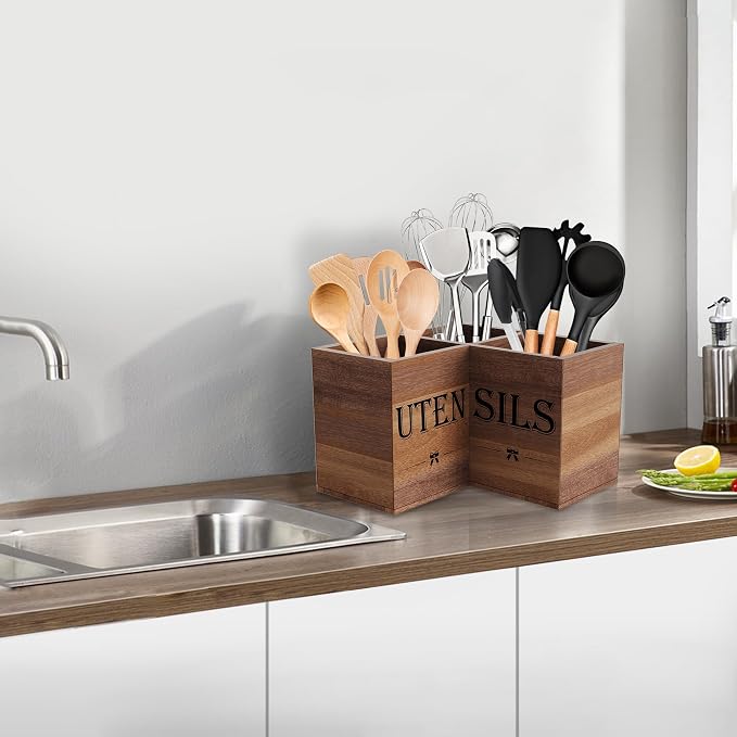 Suli Extra Large Kitchen Utensils Holder with 3 Compartments,Corner Utensil Caddy for Countertop,Acacia Wood Utensil Organizer for Kitchen Countertop, Farmhouse Decor-Acacia Brown