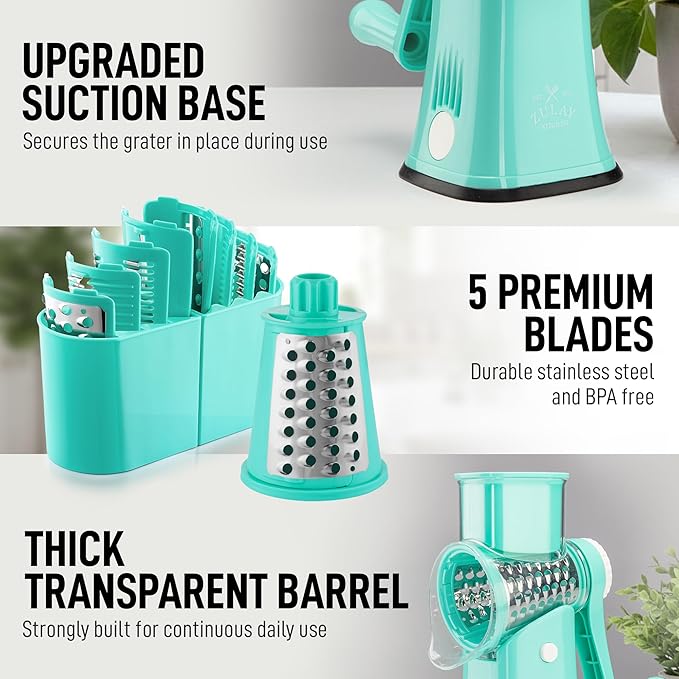 Zulay Kitchen Rotary Cheese Grater 5 Blade Cheese Shredder - Manual Hand Crank Cheese Grater With Reinforced Suction & 5 Interchangeable Drums - Easy to Use, Vegetable Chopper Round Mandoline Slicer