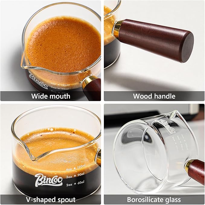 Espresso Shot Glasses with Wood Handle, 120ml Glass Coffee Bean Dosing Cup with Spout,Clear Espresso Measuring Cup Glass for Barista Coffee Measure (Single Spout)