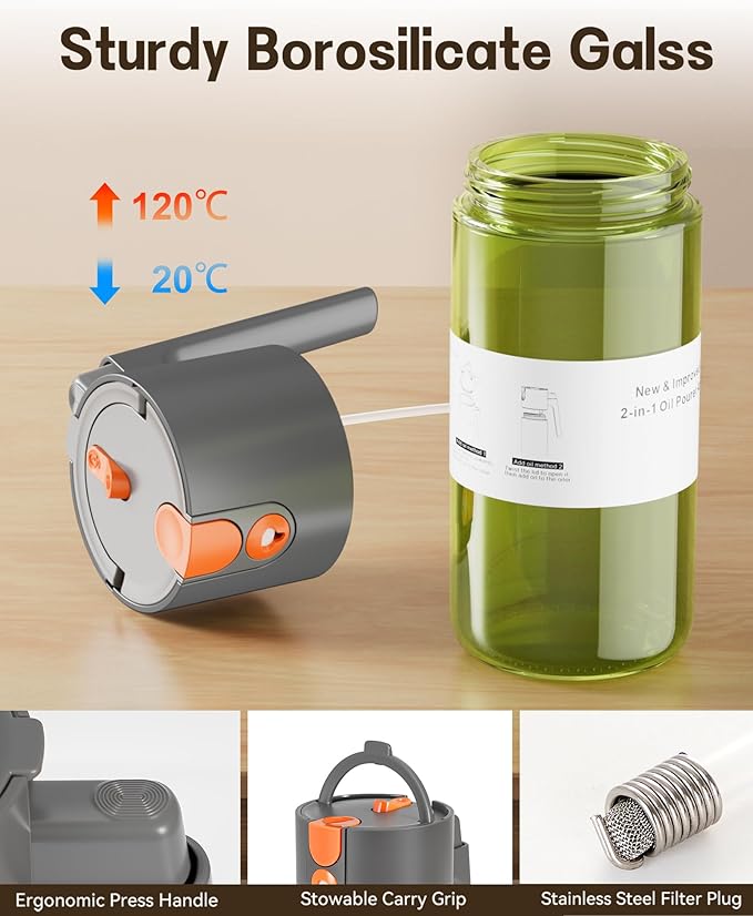 OURCABECUE Upgrade 2 in 1 Oil Sprayer for Cooking, 17oz Light-Blocking Glass Olive Oil Dispenser Bottle for Kitchen,Food-Grade Oil Mister with 8 Stickers for Salad, Frying (Green Bottle-Grey Gap)