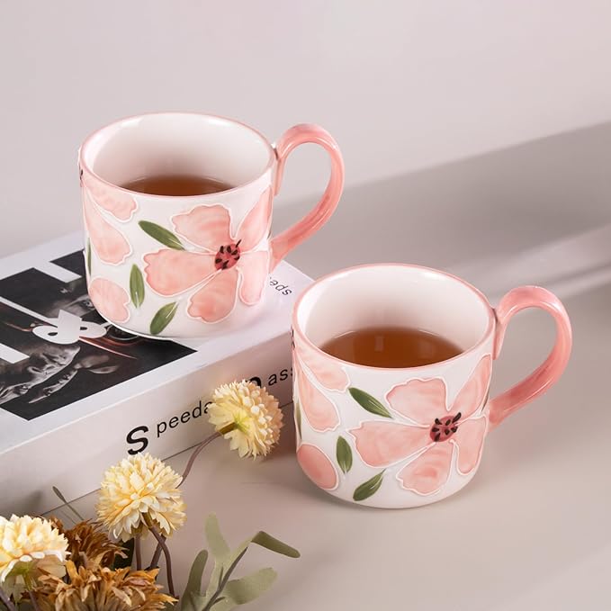 KAMMAK Ceramic Coffee Mug, 13.5oz Pink Mugs Set of 2, Novelty Cup for Tea, Juice, Milk, Cute Porcelain Water Cups with Handle for Women, Dishwasher and Microwave Safe