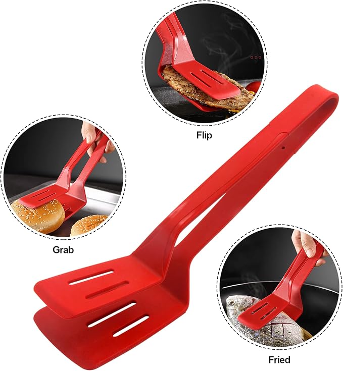 Silicone Cooking Tongs, Premium Stainless Steel Silicone Barbecue Clamp, Multipurpose BBQ Clamp Spatula for Gripper Bread Clip, Fried Steak Clamp, Flipping Fish, Toast Salad Tongs, Red（11 Inch）