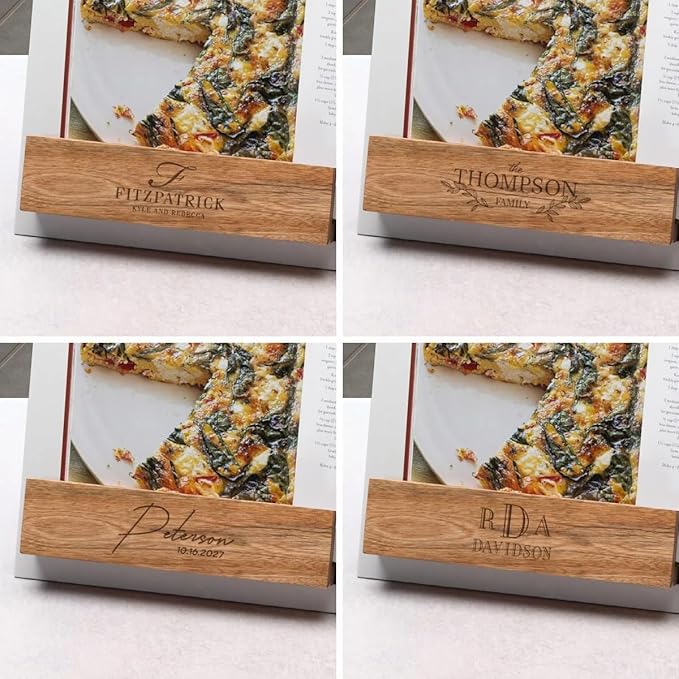 Personalized Cookbook Stand – Custom Engraved Acacia Wood & White Marble Recipe Book Holder with Weighted Base – Rustic Design, Tablet & Cookbook Stand for Kitchen Counter, 12 × 11 × 7.5 
