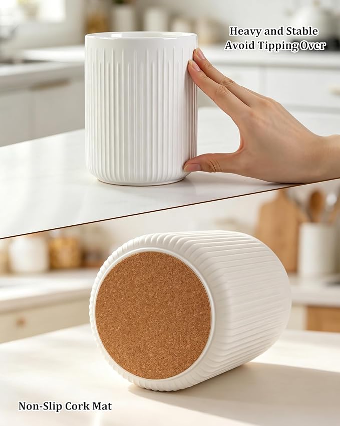 6.5" Utensil Holder, Ceramic Kitchen Utensil Holder for Countertop with Protection Cork Bottom, Stable Cooking Utensil Crock, Vintage Farmhouse kitchen Decor, White