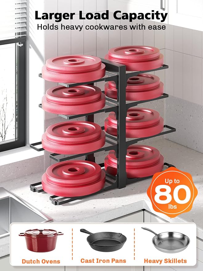 MUDEELA 8-Tier Heavy Duty Adjustable Pots and Pans Organizer and 10 Expandable Pans Organizer Rack for under Cabinet Bundle