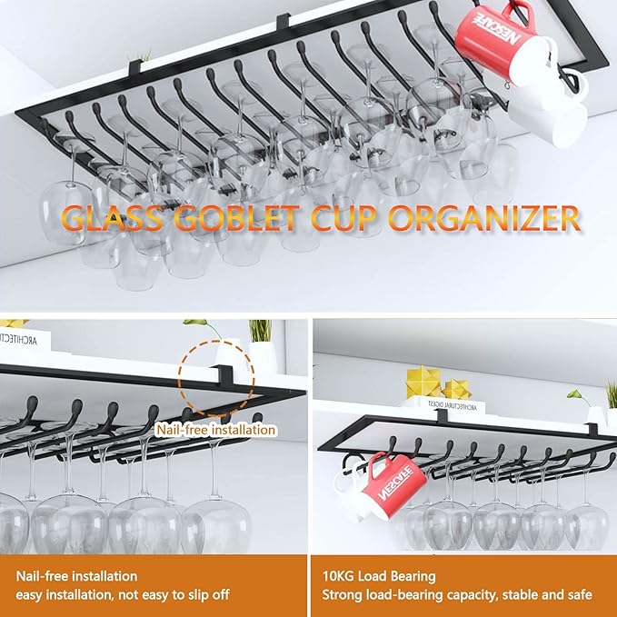 Glass Stemware Wine Rack, Hanging Wine Storage Holder for Under Cabinet Kitchen Bar Display Shelf with Glass Cup Champagne Organizer (Size : Black)
