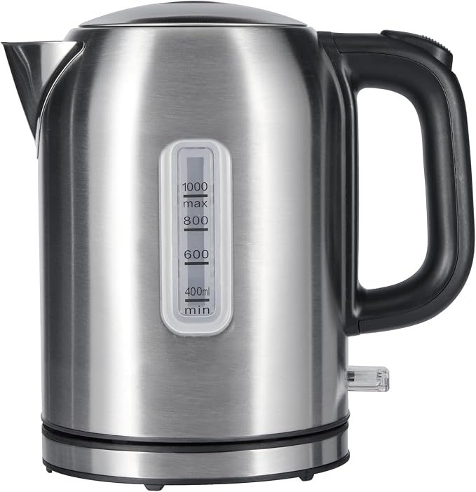 Amazon Basics Electric Kettle, Tea Kettle & Water Boiler with Auto Shut-Off, Boil Dry Protection, Strix Thermostat, BPA-Free, 1500W, 1.1Qt (1L), Stainless Steel, New Model, Black & Silver