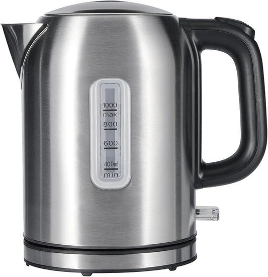 Amazon Basics Electric Kettle, Tea Kettle & Water Boiler with Auto Shut-Off, Boil Dry Protection, Strix Thermostat, BPA-Free, 1500W, 1.1Qt (1L), Stainless Steel, New Model, Black & Silver