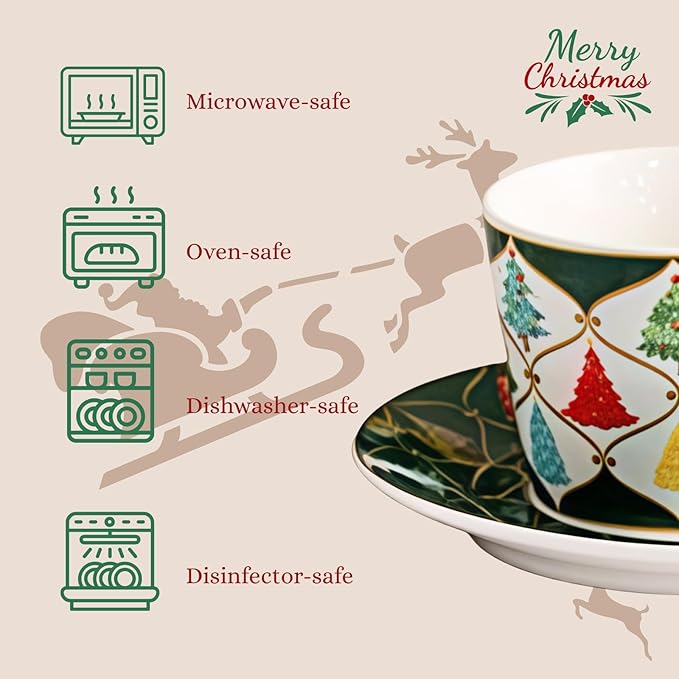 Espresso Cups and Saucers Set of 2, 4 oz Ceramic Small Coffee Mug with Handle,Green Gold Festive Tree Pattern for Tea, Latte, Cafe, Microwave & Dishwasher Safe, Decorative Holiday Gift Box