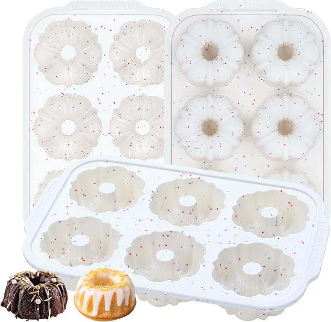CAKETIME Mini Fluted Tube Pan with Metal Reinforced Frame, 6-Cavity Silicone Nonstick Small Cake Molds 3Pcs for Chocoflan, Donuts, Cornbread, Brownies, Jellies BPA Free