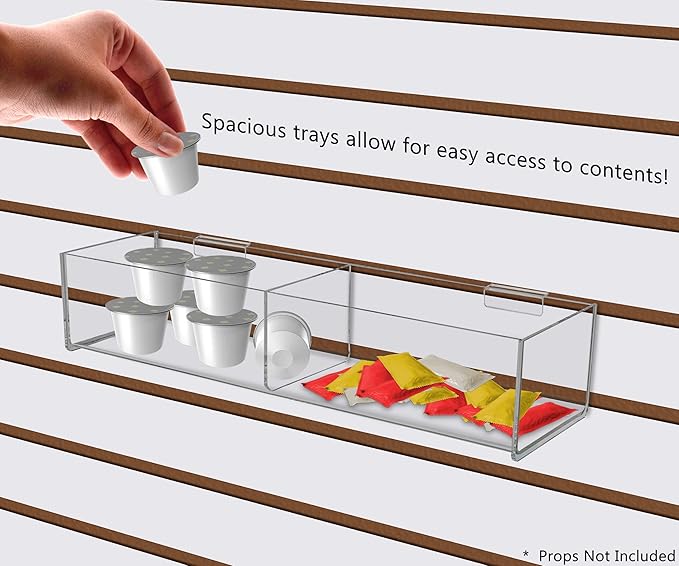 Marketing Holders Slatwall Acrylic Retail Tray Double Comparrment 16" Wide Dump Bin Product Merchandise Storage Caddy