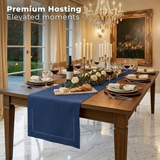 Signature Linen™ by D'Moksha Navy Blue Table Runner 36 Inches, 100% Pure Linen, Hemstitch, Coffee Table Runner, 14 x 36 Inch for Dresser Tables- Summer, Father's & Independence Day
