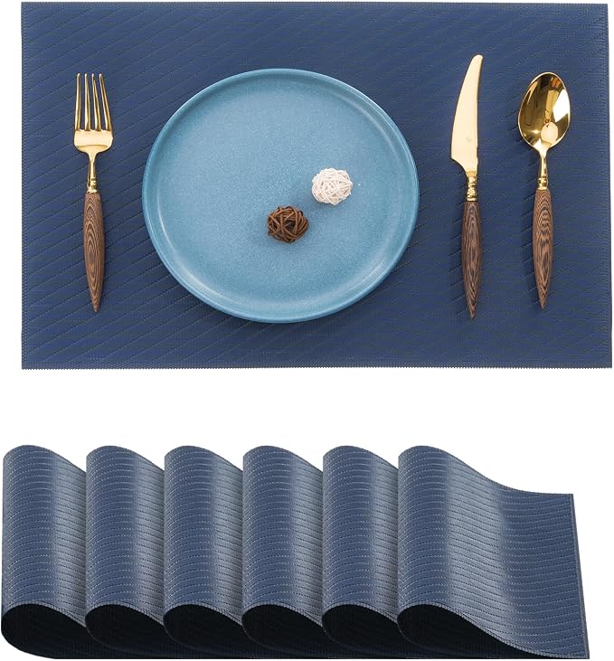 BACKTOEDEN Placemats Set of 6 Heat Resistant Washable Wipeable Placemat Woven Non-Slip Foldable Vinyl/Plastic Place Mats Indoor/Outdoor Mat Kitchen Dining Table Pad, Royal Blue Twill