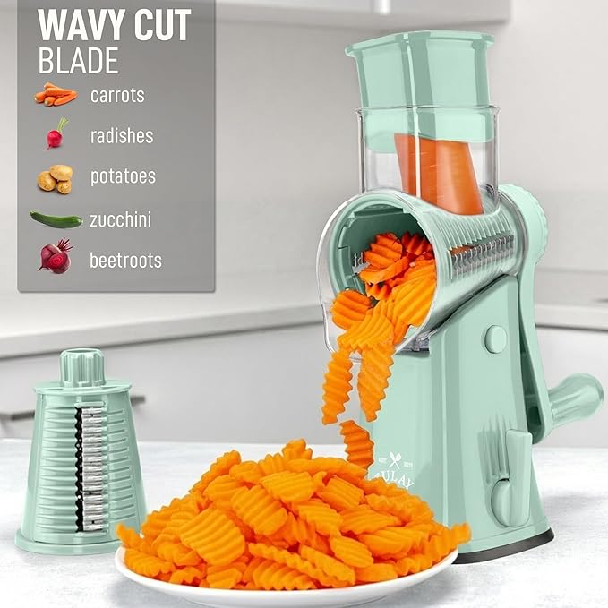 Zulay Kitchen Rotary Cheese Grater 5 Blade Cheese Shredder - Manual Hand Crank Cheese Grater With Reinforced Suction & 5 Interchangeable Drums - Easy to Use, Vegetable Chopper Round Mandoline Slicer