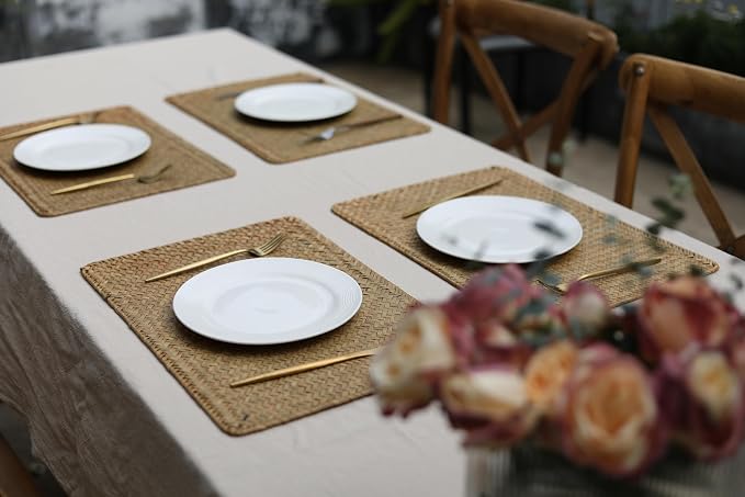 Natural Woven Rattan Rectangular Placemats Seagrass Place Mats for Dining Table (Set of 6, 18x12inches)