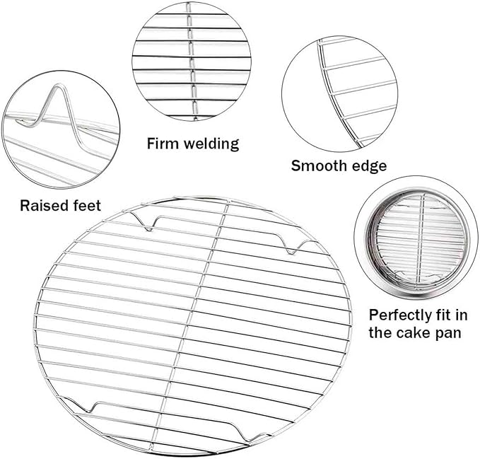 TeamFar Round Cooling Rack Set of 3, 7½ & 9 & 10½ Inch, Stainless Steel Round Baking Steaming Rack Set, Fit for Air fryer/Oven/Pot/Cake Pan/Pressure Cooker, Healthy & Mirror Finish, Dishwasher Safe