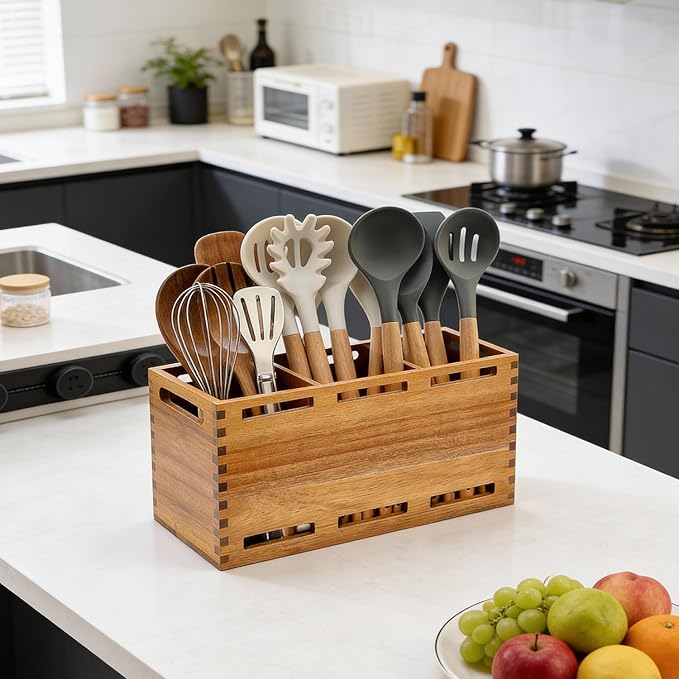 Extra Large Acacia Wood Utensil Holder for Kitchen Counter Decor Rustic Wooden Spatula Holders Cooking Utensils Organizer Countertop Silverware Caddy Spoon Kitchen Tool Holder Farmhouse Utensil Crock