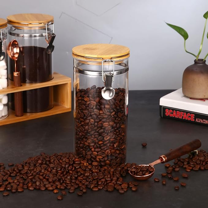 Glass Coffee Storage Container with Bamboo Shelf, 3PCS 49oz Airtight Sealed Coffee Bean Jar with Clamp Lid & Measuring Spoon, Kitchen Pantry Canister Set for Ground Coffee Sugar Tea Flour
