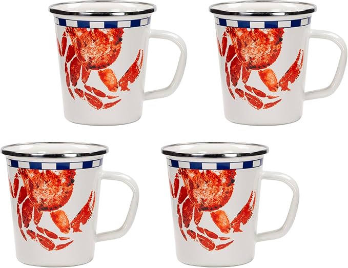 Golden Rabbit Enamelware Latte Coffee or Tea Mugs, 16 ounce, Crab House, Set of 4