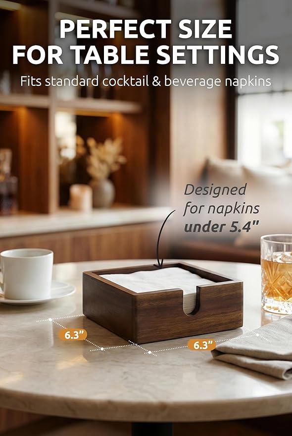 Acacia Cocktail Paper Napkin Holder Square 5.4x5.4 inches, Wood Flat Napkin Tray, Cocktail Napkin Caddy For Kitchen Décor, Restaurant Countertop Bar Accessories