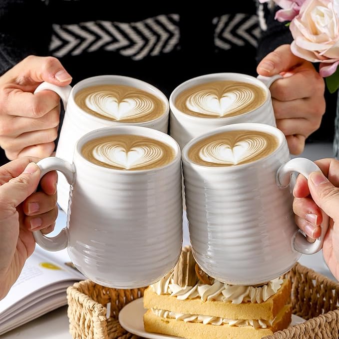 HASENSE Large Coffee Mugs,15oz Ceramic Coffee Mug Set of 4, Porcelain Coffee cups with handle for Morning Coffee, Latte, Tea and Cocoa, Coffee Cups with Unqiue Glaze for Men, Women, Plain