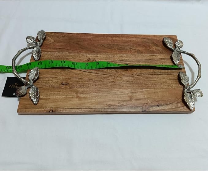 Rustic Wood Serving Tray with Rope Handles, 16 x 8 inches with Metal Handle (accasia Wood Tray with Tree Silver, Standard)