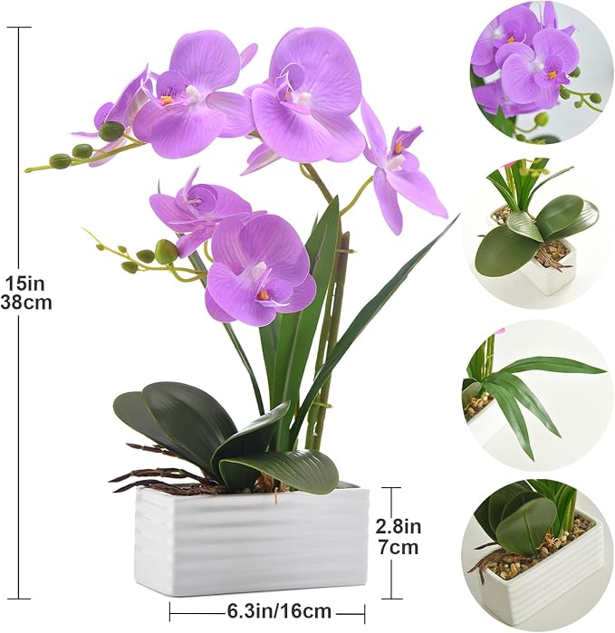 Artificial Real Touch Orchid Flowers in Pot Fake Phalaenopsis Flower with White Ceramic Vase Faux Orchids Arrangement for Home Table Office Wedding Party Decoration (Purple)