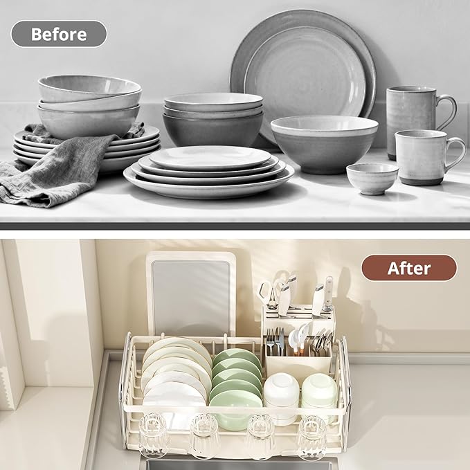 Compact Small Dish Drying Rack for Kitchen Counter - Narrow Metal Dish Drainer Rack with Utensil Holder, Space-Saving Plate Organizer for Sink Storage, Apartment & RV (Off-White Ivory)