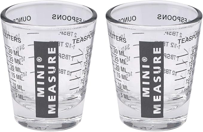 Kolder Mini Measure Heavy Glass, 20-Incremental Measurements Multi-Purpose Liquid and Dry Measuring Shot Glass, Black, Set of 2
