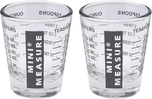 Kolder Mini Measure Heavy Glass, 20-Incremental Measurements Multi-Purpose Liquid and Dry Measuring Shot Glass, Black, Set of 2