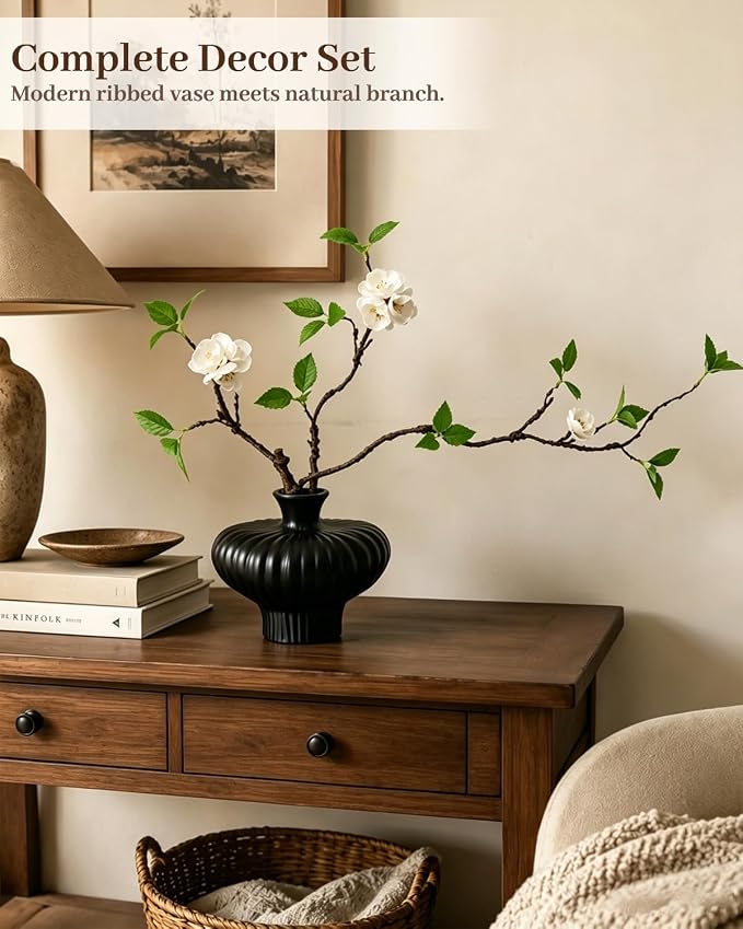 22'' Budded Faux Stem with Vase, 1pcs Artificial Greenery Plant for Centerpiece Table Decorations, Fake Branches in Vase for Farmhouse Living Room Bathroom Office Kitchen Decor - Black