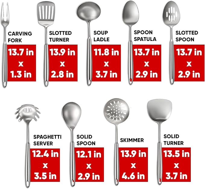 Newness 9 Pcs Cooking Utensils Set, 304 Stainless Steel Kitchen Utensils Set, Metal Kitchen Accessories, Include Soup Ladle, Slotted Skimmer Spoon, Spaghetti Spoon and Spatula, Dishwasher Safe (Short)