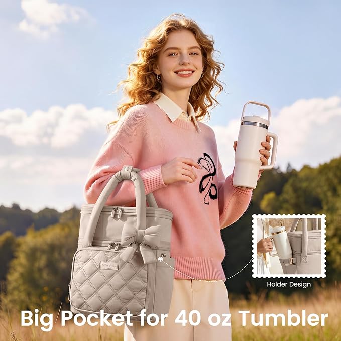LOVEVOOK Insulated Lunch Bag Women,Expandable Double Deck Adult Lunch Box Women with Cup Holder,Bow Quilted Puffer Lunch Tote,Large Leakproof Collapsible Cooler Bag for Work College Picnic Meal Prep