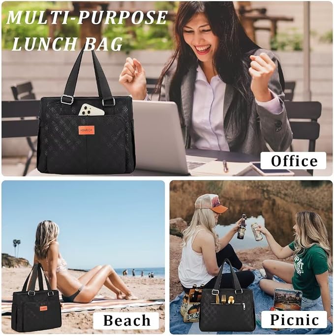 HSHRICH Large Women Lunch Bags for Work/Insulated Cooler Lunch Box with Side Pockets, 14L Capacity, Black