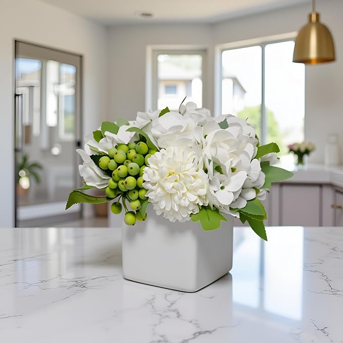 LADADA Flower in Ceramic vase, Artificial Hydrangea Flower Arrangement and vase Home Decoration Artificial Flower (White)