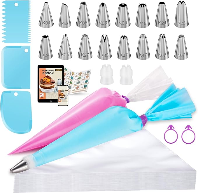 Kootek 124Pcs Icing Piping Bags and Tips Set, Cake Decorating Kit with 100 Anti Burst Piping Bags 12 Inch, 16 Icing Tips, Reusable Pastry Bag, 3 Scrapers, 2 Couplers, 2 Bag Ties (Blue)