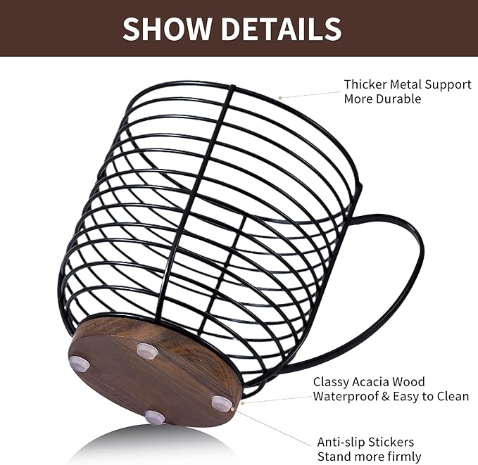 Coffee Pod Holders for Counter With Acacia Wood Base- K Cup Holders for Counter - Coffee Pods Storage Organizer - Coffee Bar Accessories - Large Capacity Black Wire Kup Storage with Wooden Stand