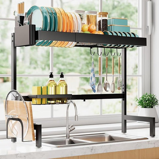 Sakugi Over The Sink Dish Drying Rack, Expandable 2-Tier Stainless Steel Kitchen Storage Organization Accessories for Countertop, Rustproof & Space-Saving, 30"–34.5" L x 12" W x 25" H, Black