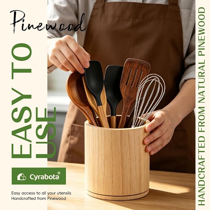 Pine Wood Utensil Holder 360°Rotating Anti-Tip Design for Kitchen Counter,Cooking Utensil Crock for Countertop , Large Utensil Organizer for Spatula (Pine wood)