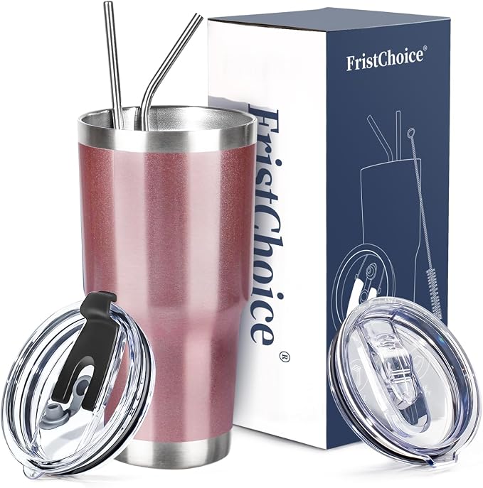 30 oz Tumbler with Lids and Straws Double Wall Vacuum Insulated Tumbler Cup,Stainless Steel Leak-proof Thermal Tumbler Travel Coffee Mug for Cold and Hot Drinks,Rose Gold