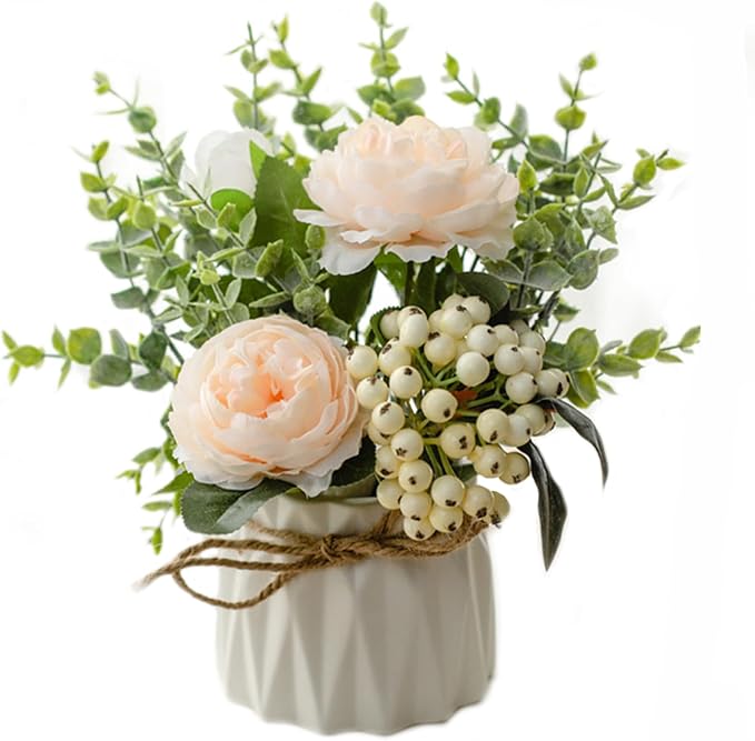 EOBTAIN Artificial Flowers in Vase Silk Flowers Fake Flowers with Ceramic Vase for Indoor Table Decor,Faux Flower and Green Leaf Plants Decorations for Home Offic Party,Dining Table Centerpiece.