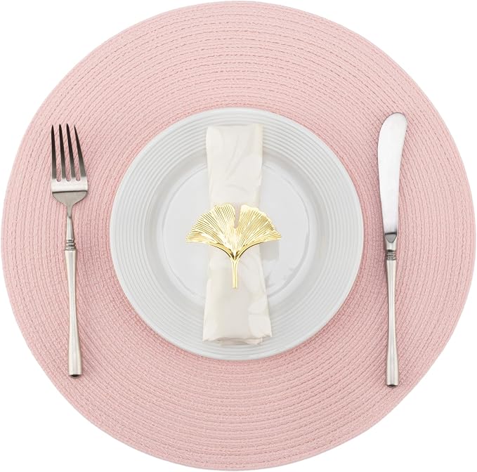 Winknowl 15 Inch Round Braided Placemats Set of 6, Washable Cotton Polyester Table Mats, Heat Resistant Non-Slip Place Mats for Kitchen Dining Table Decor (Pink,6pcs)
