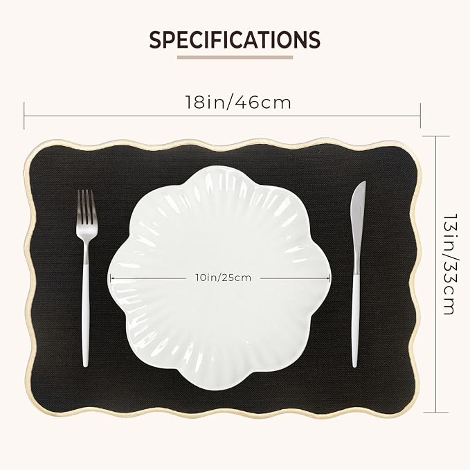 AHHFSMEI Faux Linen Placemats Set of 6 Heat Resistant Non-Slip Stain Proof Table Mats for Kitchen Dining Elegant Decor Place Mats (Black)