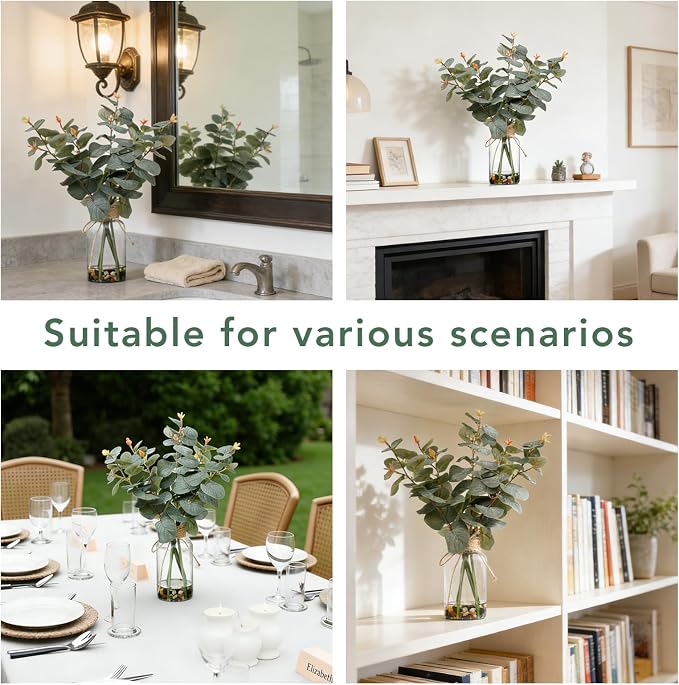 15.74” Artificial Eucalyptus Stems in Glass Vase with Faux Water & Natural Stones, Lifelike Fake Greenery for Modern Farmhouse Home Decor, Bathroom Decor, Office Desk Centerpiece