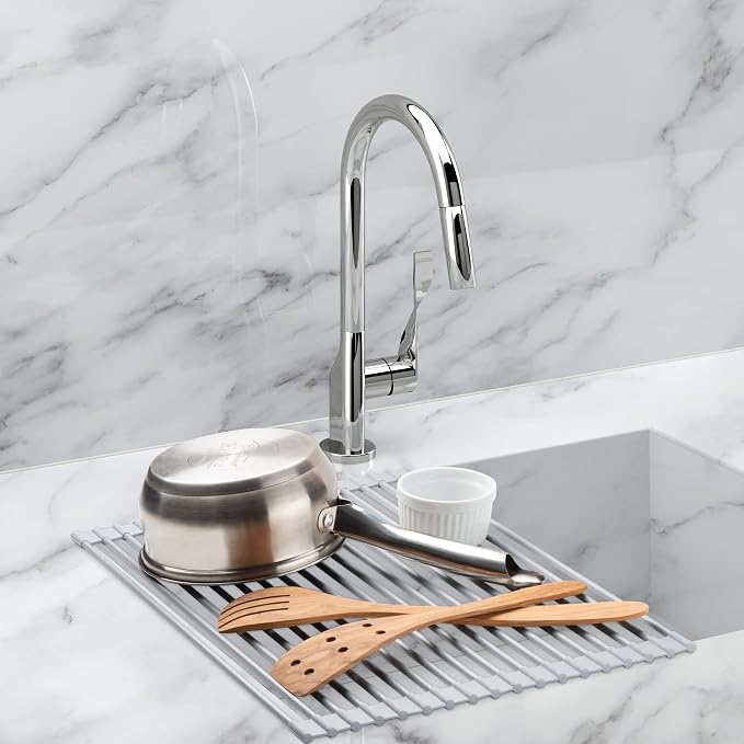 HIC Kitchen Silicone Over-Sink Roll-Up Dish Drying Rack, Reinforced Heat Safe Silicone, 17.25 x 13-Inches