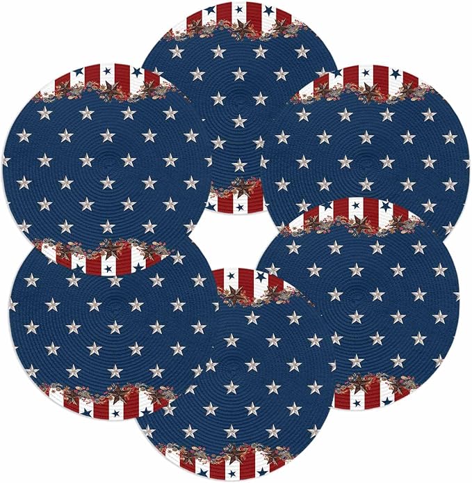 4th of July Round Placemats Set of 6 Rustic Star Stripes Place Mats Independence Day Woven Placemat Red White and Blue Circle Braided Table Mat for Kitchen Dining Table Holiday Party Decor 15 Inch