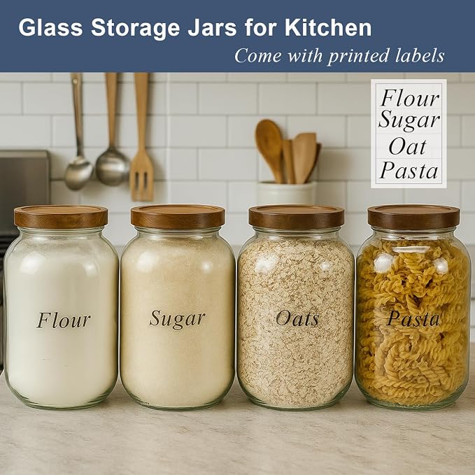 2 Pack Glass Flour Sugar Storage Containers with Acacia Wooden Lid, 1 Gallon Glass Jars with Airtight Lid, Wide Mouth Large Mason Jars 128oz for Rice, Pasta, Oats, Coffee Storage