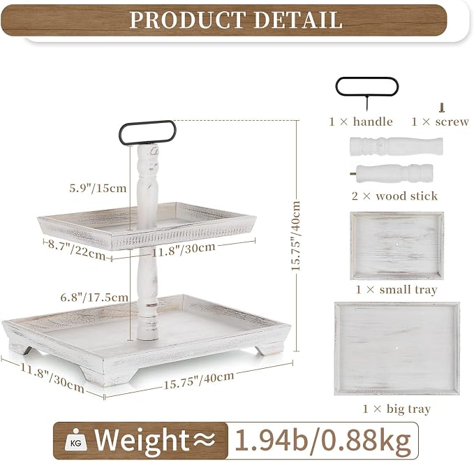 Hanobe 2 Tiered Decorative Tray Stand for Coffee Table Decor | Farmhouse Large White Wood Display Stands for Kitchen Counter Decorations
