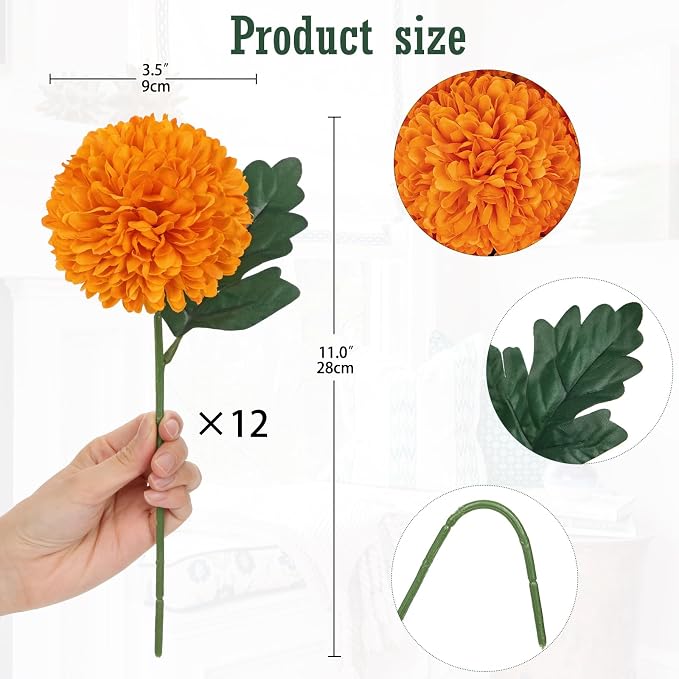 Briful 12 Pcs Artificial Orange Chrysanthemum Stems – 11” Tall Silk Mums Flower Heads with Green Leaves, Flexible Stems for Fall Floral Pick Arrangements, Home, Wedding & Seasonal Decorations
